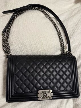 CHANEL Black Quilted Leather Boy Bag with Silver Hardware New Medium